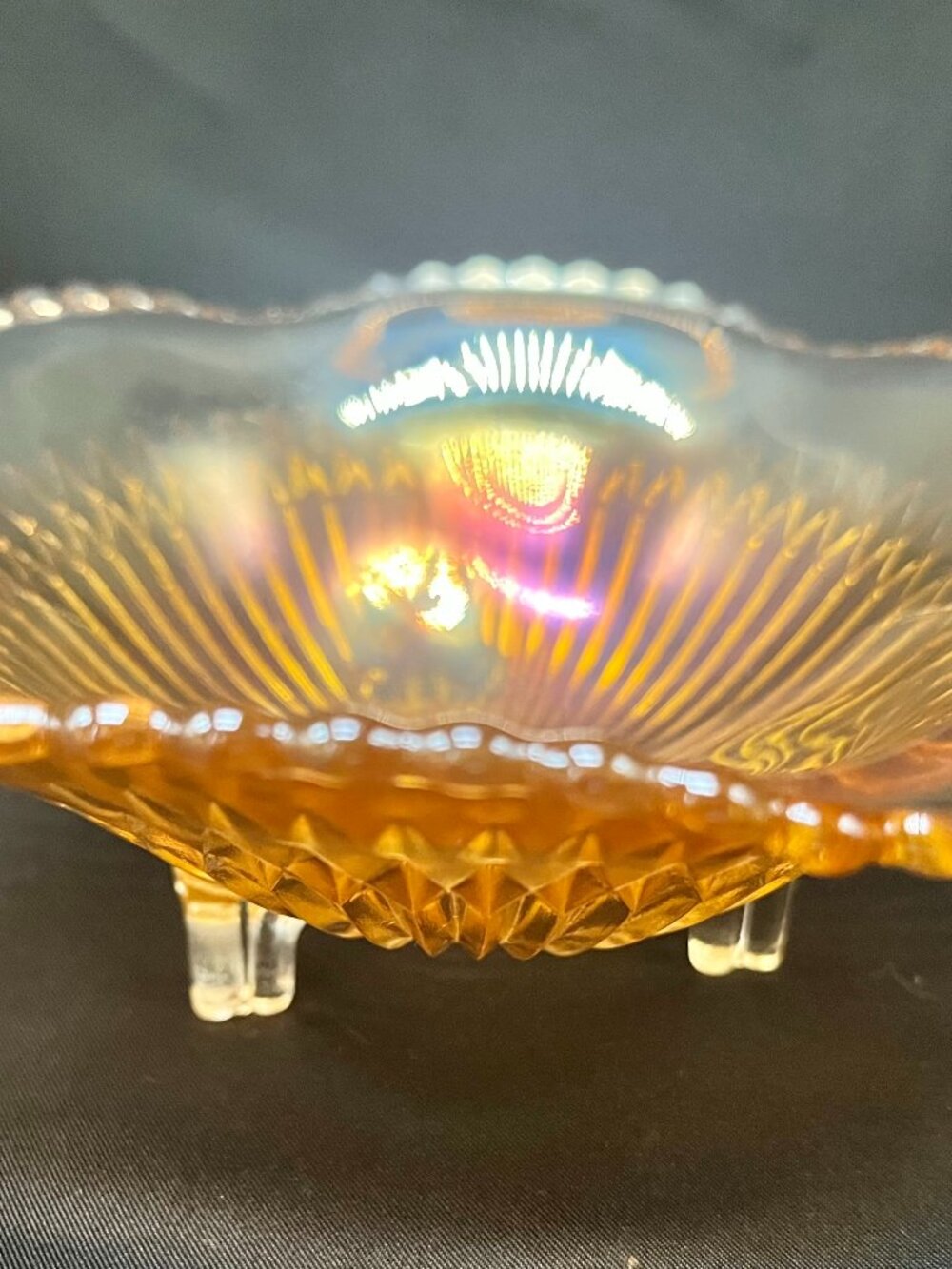 Vtg Jeannette Glass “Anniversary” Pattern Marigold Carnival Glass 3-Footed Dish